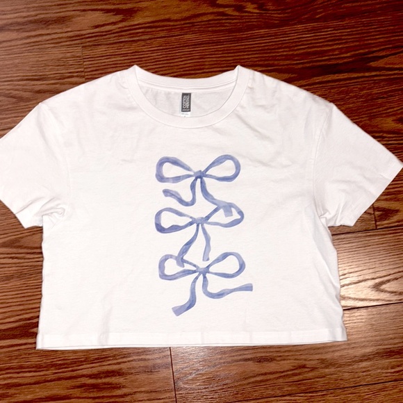 White T-Shirt with Blue Bow Design - Picture 1 of 2